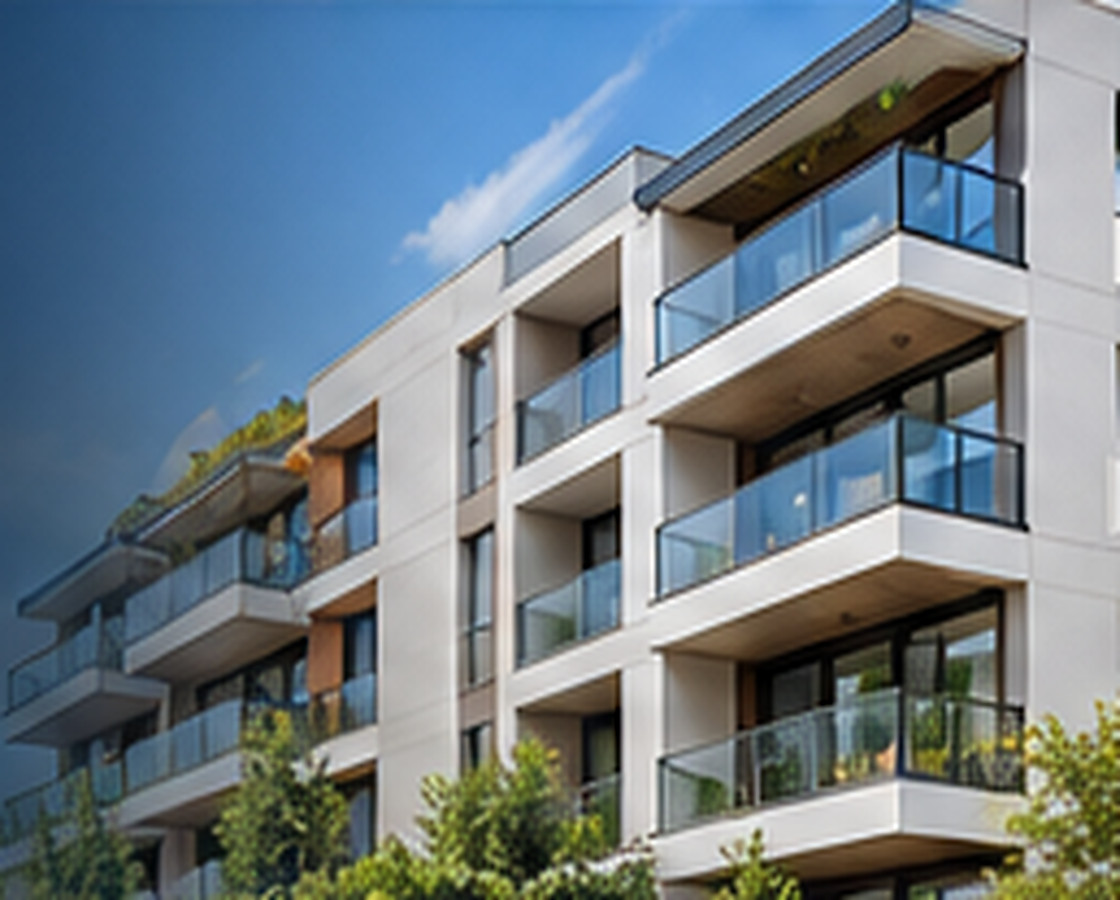 Edificio residencial moderno con terrazas de cristal y jardines